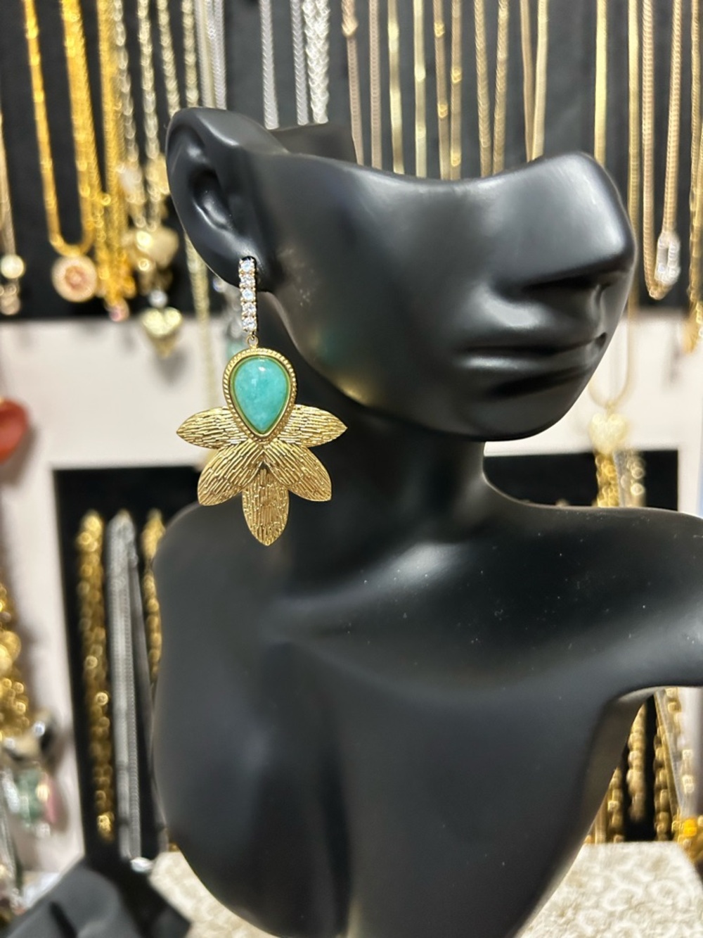Gold Leaf Drop Earrings with Teal Stone